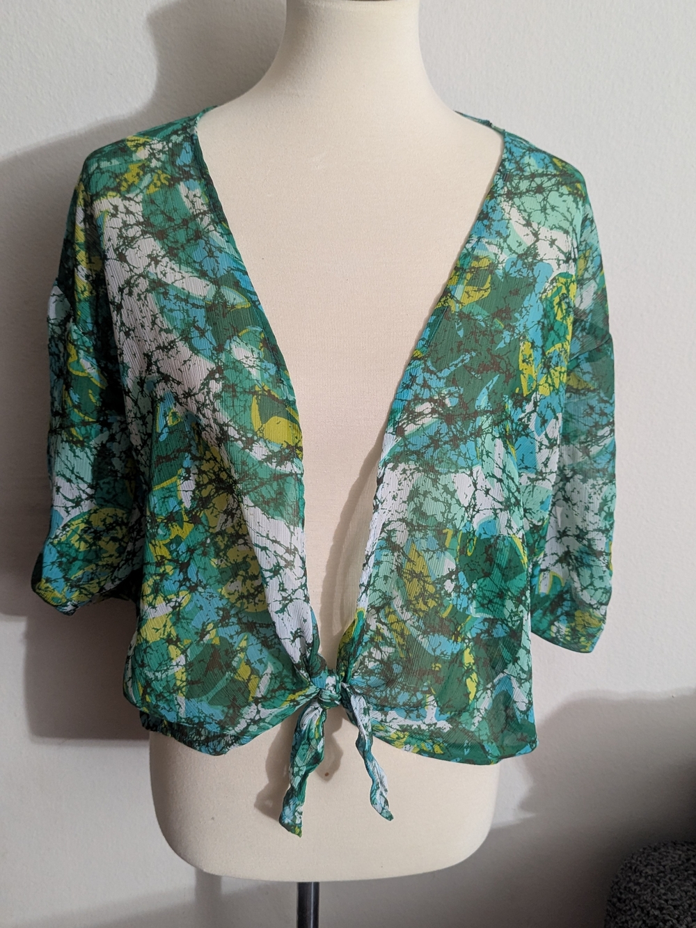 Ruby Rd Teal Green Blue White Chiffon Floral 3/4 Sleeve Cardigan Blouse Top 8P